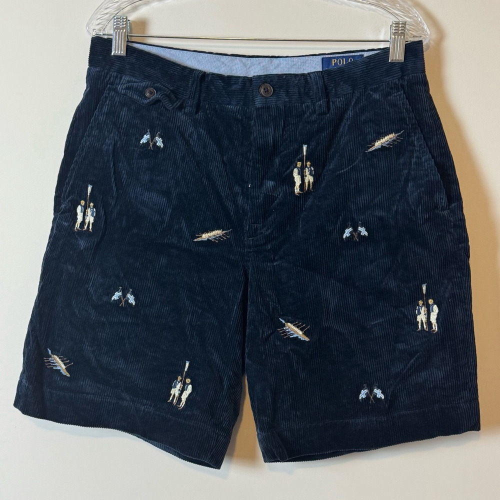 Rare Polo Ralph Lauren Nautical Flag Rowing Embroidered Corduroy Shorts SZ 32